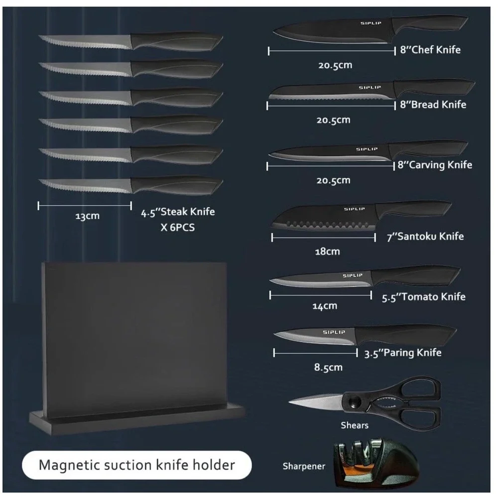 Siplip 15 Piece Kitchen Knife Set Rainbow Titanium Stainless Steel Magnetic Bloc